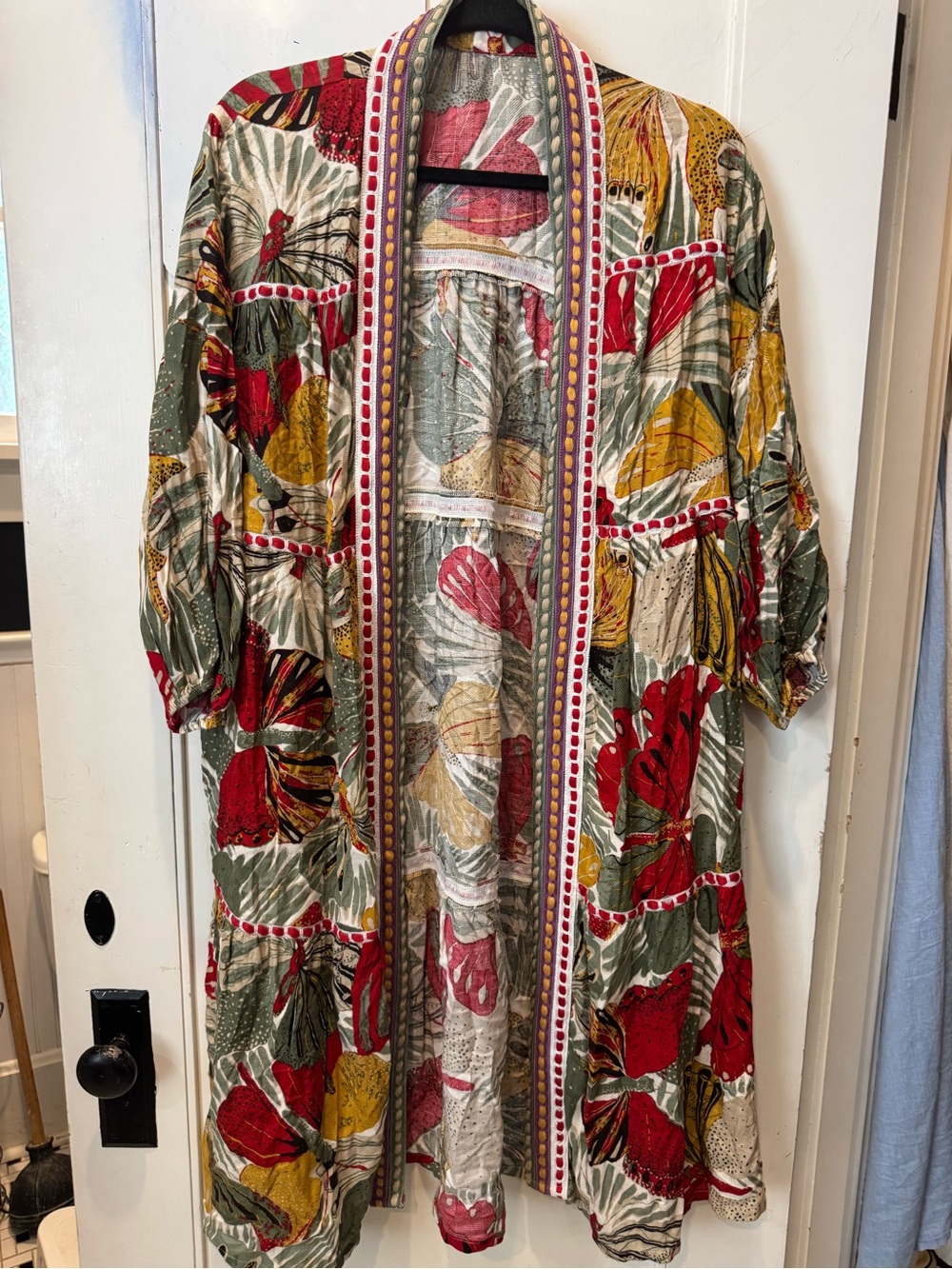 Tropical Floral Kimono Duster in Red, Green & Mustard